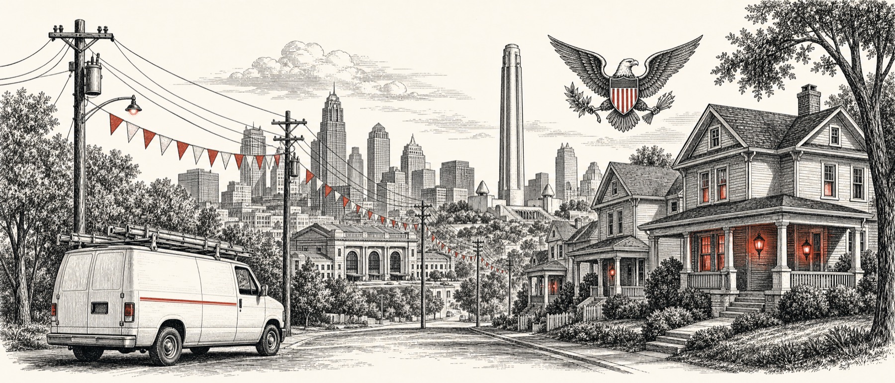 An engraved Kansas City scene: skyline, power lines, a service van, lit homes
