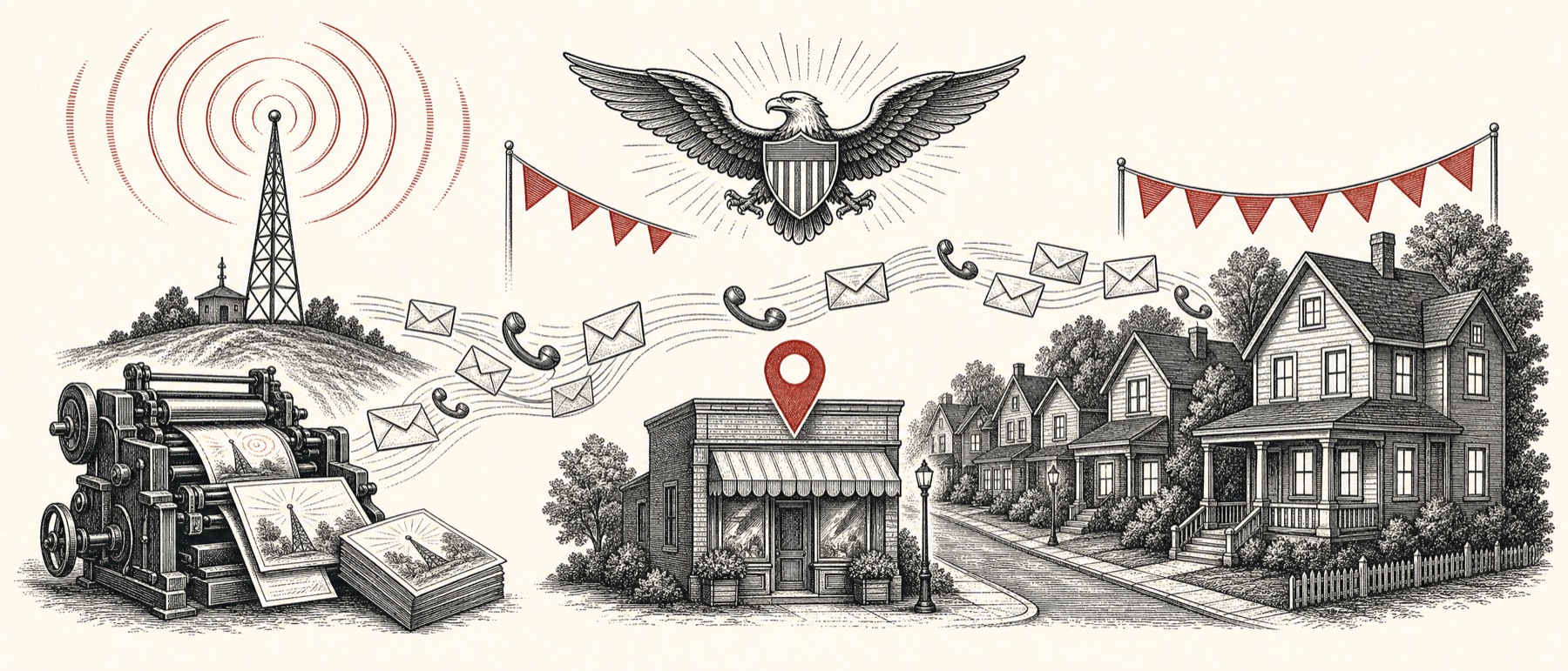 An engraved scene: a broadcast tower over Kansas City rooftops, a route of messages to lit homes