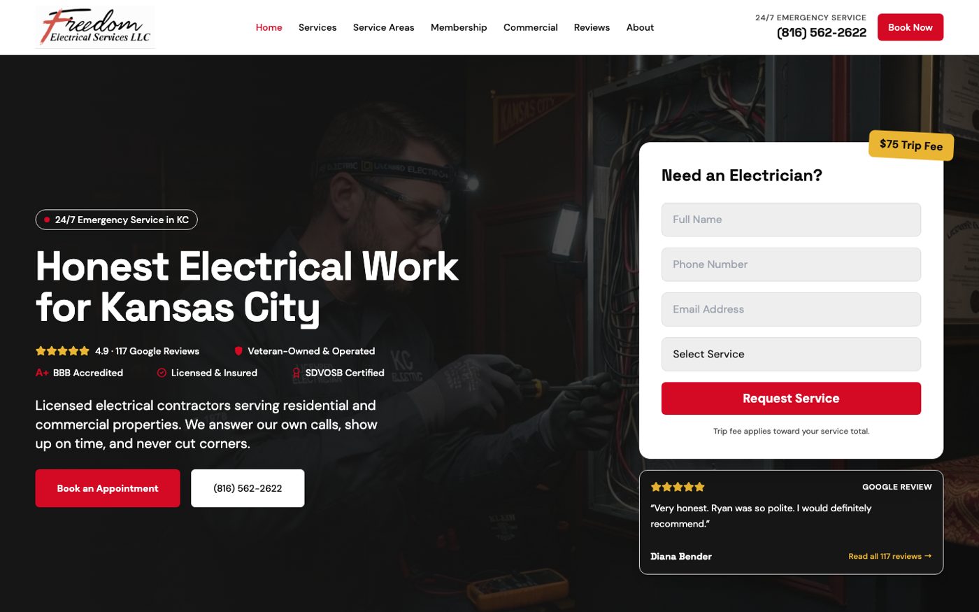 The live Freedom Electrical homepage